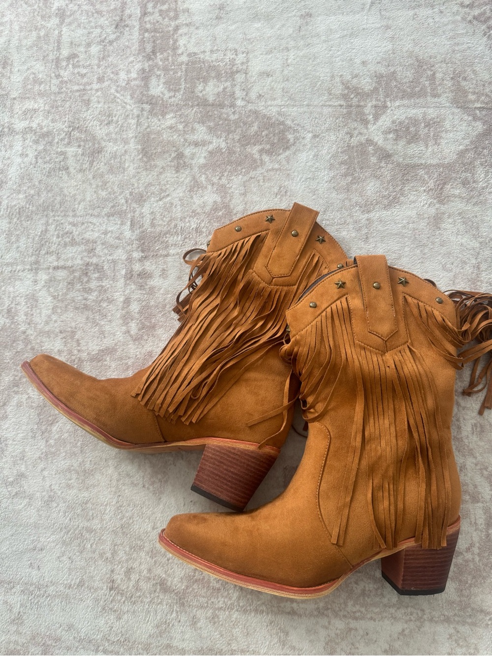 Fringe Western Mid‑Heel Boots - Tan Suede - Picture 1 of 6